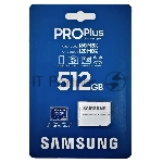 Флеш карта microSDXC 512GB Samsung PRO Plus Class 10, A2, V30, UHS-I (U3), W 130 МБ/с, R 180 МБ/с, <MB-MD512SA/EU> адаптер на SD
