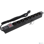 Блок розеток горизонтальный ExeGate ServerPro PDU-19H806 Al-8S-C14-3-SW, 19", 1U, Алюминий, 8 Schuko, кабель с вилкой C14 VDE-250V-10A-3*1.5mm2, 3 метра, выкл. с подсветкой SPD1, черный