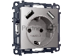 Комплект механизма электрической розетки ALFA Сталь матовый 2USB A+A 18W (быстрая зарядка) с/з QUANT (AP5090, VM155) MA509010