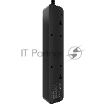 Сетевой фильтр AGNI плоский TP-FD5E-2m-black, 5 розеток Schuko, чёрный, кабель 2 метра, мощность нагрузки 4000 Вт, 16А, заземление, защита от короткого замыкания, сечение кабеля 3 х 1.5 кв.мм., размер 279x54x40 мм.