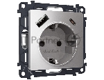 Комплект механизма электрической розетки ALFA Сталь матовый 2USB A+C 20W (быстрая зарядка) с/з QUANT (AP5100, VM160) MA510010