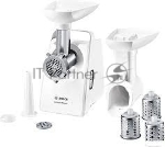 Мясорубка Bosch MFW3X13W CompactPower,2000Вт, 2,5 кг/мин, цвет: белый, механическая защ ита от перегрузки, 2 скор. , реверс.Комплект: 2 диска для фарша, насадка для колбасок, насадка-терка (3 барабана)