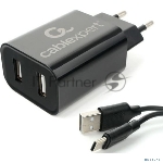 Адаптер питания Cablexpert MP3A-PC-37 USB 2 порта, 2.4A, черный + кабель 1м Type-C