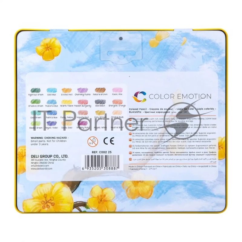 Карандаши цветные Deli EC00225 Color Emotion, трехгранный профиль, липа, 24 цвета, металлическая коробка (24шт)