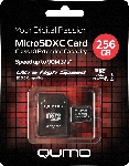 Карта памяти QUMO MicroSDXC 256 GB UHS-I, 3.0 , адаптер в комплекте SD, R/W 90/20 MB/s черно-красная картонная упаковка