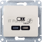 Розетка USB SE тип-C 65W высокоскор.заряд. QC, PD, мех. Glossa бежевый
