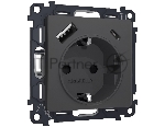 Комплект механизма электрической розетки ALFA Графит мягкое касание 2USB A+C 20W (быстрая зарядка) с/з QUANT (AP9100, VM160) MA910010