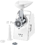 Мясорубка Bosch MFW3910W CompactPower, 1900Вт, 2,3 кг/мин, цвет: белый, механическая за щита от перегрузки, 1 скор. Комплект: 2 диска для фарша, насадка для кол басок