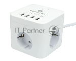 Сетевой фильтр Cablexpert Cube CUBE-3-U4-W-1.5, 3 р, 10А, 4хUSB, 1.5 м, ур.защиты 4+, белый, коробка
