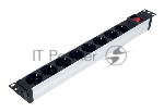 Блок розеток горизонтальный LANDE 19" 1U, 8 позиций Schuko, 1x16A ручной выключатель, 4000 W, 250V AC, алюминиевый корпус, 482х44х44мм, шнур питания 3x1.5мм 2,5 м, вилка Schuko