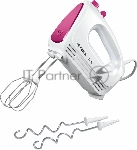 Миксер Bosch MFQ2210P, 375 Вт, цвет: белый/розовый, 4 скорости+ импульс.режим, 2 крюка+ 2 венчика