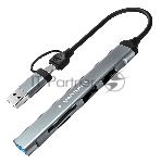 Картридер Type-C/USB-A (3.1) Gembird FD2-MSD-3, 5в1: 2xUSB2.0, USB3.1, SD/TF, кабель 10см, алюминий