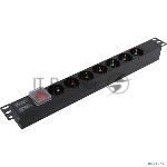 Блок розеток горизонтальный ExeGate ServerPro PDU-19H703 Al-7S-C20-SW, 19", 1U, Алюминий, 7 Schuko, С20, выкл. с подсветкой, черный