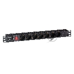 Блок розеток горизонтальный ExeGate ServerPro PDU-19H703 Al-7S-C20-SW, 19", 1U, Алюминий, 7 Schuko, С20, выкл. с подсветкой, черный
