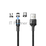Кабель USB Rexant 3в1 со съемными магнитными портами, Type-С (2A), Lightning (2,4A), Micro USB (2A), 1,2м, в черной оплетке, с LED подсветкой