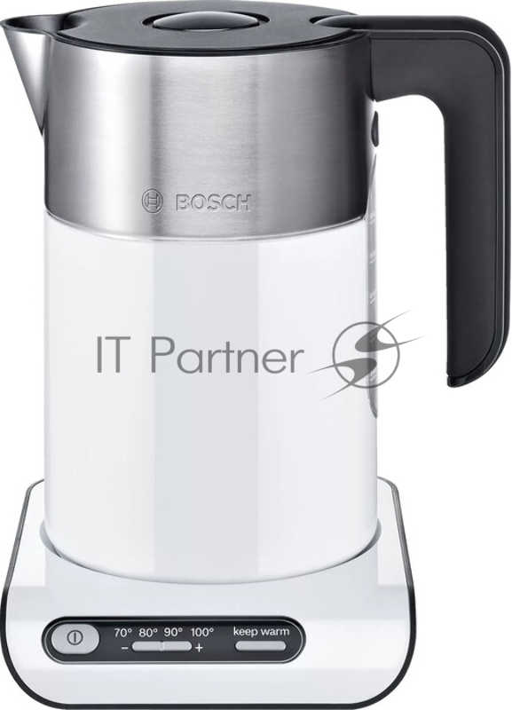 Чайник электрический Bosch TWK8611P белый/серебристый, 1.5 л, 2400 Вт, скрытый нагревательный элемент, поддержание температуры