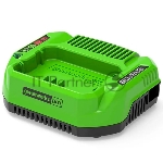 Зарядное устройство GreenWorks 60V (2932007)"Зарядное устройство Greenworks (модель) - используется для заряда аккумуляторных батарей Гринворкс 60 вольт на 2 А/ч,4 А/ч и 6 А/ч.Время зарядки данных аккумуляторов составляет: 2 А/ч = 60 минут; 4 А/ч = 120 минут.Зарядка оснащается системой автоматического отключения при достижении максимального заряда батареи для сохранения рабочих характеристик Li-Ion, а также специальным чипом, который защищает батарею от перегрева. Эти современные системы интеллектуального заряда обеспечивают сохранность дорогостоящего лития от преждевременной потери своих свойств и обеспечивают максимально возможный срок службы батареи. Для устойчивости зарядка имеет прорезиненные ножки. Для крепления на стену есть специальная проушина. На корпусе зарядки присутствую индикаторы заряда. Питание зарядного устройства осуществляется от сети 230 вольт переменного тока 50-60 Гц, 1,9 Ампер.Преимущества модели: Совместимость с аккумуляторами Greenworks 60V; Чип для защиты от перегрева