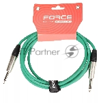 Кабель гитарный FORCE FGC-09/3 GR1/4" TS Jack - 1/4" TS Jack, высококачественный, малошумящий с проводниками из безкислородной меди OFC, диаметр 6 мм, профессиональные металлические разъемы, длина 3 м, цвет зеленый