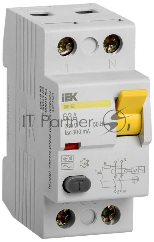 Выключатель дифференциального тока (УЗО) IEK MDV10-2-063-300 ВД1-63 2Р 63А 300мА IEK