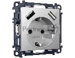 Комплект механизма электрической розетки ALFA Серебро глянец 2USB A+A 18W (быстрая зарядка) с/з QUANT (AP4090, VM155) MA409010