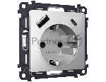 Комплект механизма электрической розетки ALFA Серебро глянец 2USB A+C 20W (быстрая зарядка) с/з QUANT (AP4100, VM160) MA410010