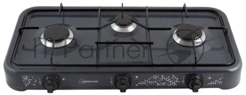 Плита настольная газовая Homestar HS-1203 чёрный, 8.9 кВт, газ, конфорки - 3, эмаль, поворотные переключатели