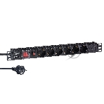 Блок розеток горизонтальный ExeGate ServerPro PDU-19H606 Al-6S-EU2-SW-O, 19", 1U, Алюминий, 6 Schuko, кабель с евровилкой VDE-250V-16A-3*1.5мм2, 2 метра, выкл. с подсветкой, защита от перегрузки, черный